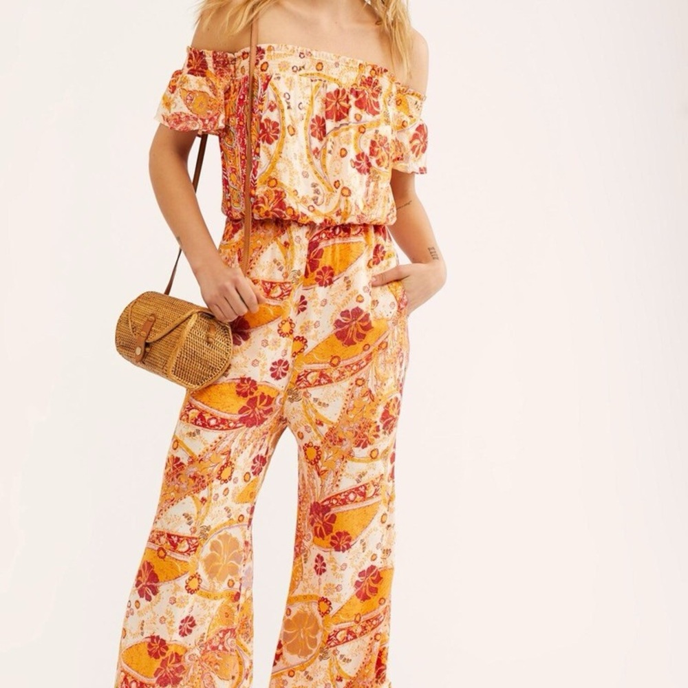 Free People Carmen Floral Print Wide-Leg Jumpsuit in Orange
